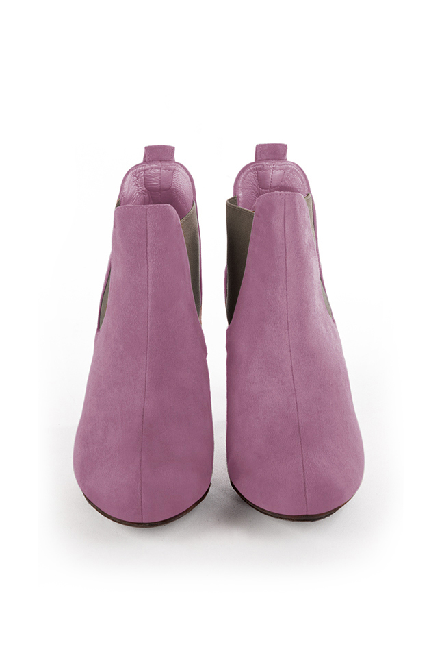 Mauve purple and taupe brown women's ankle boots, with elastics. Round toe. High spool heels. Top view - Florence KOOIJMAN